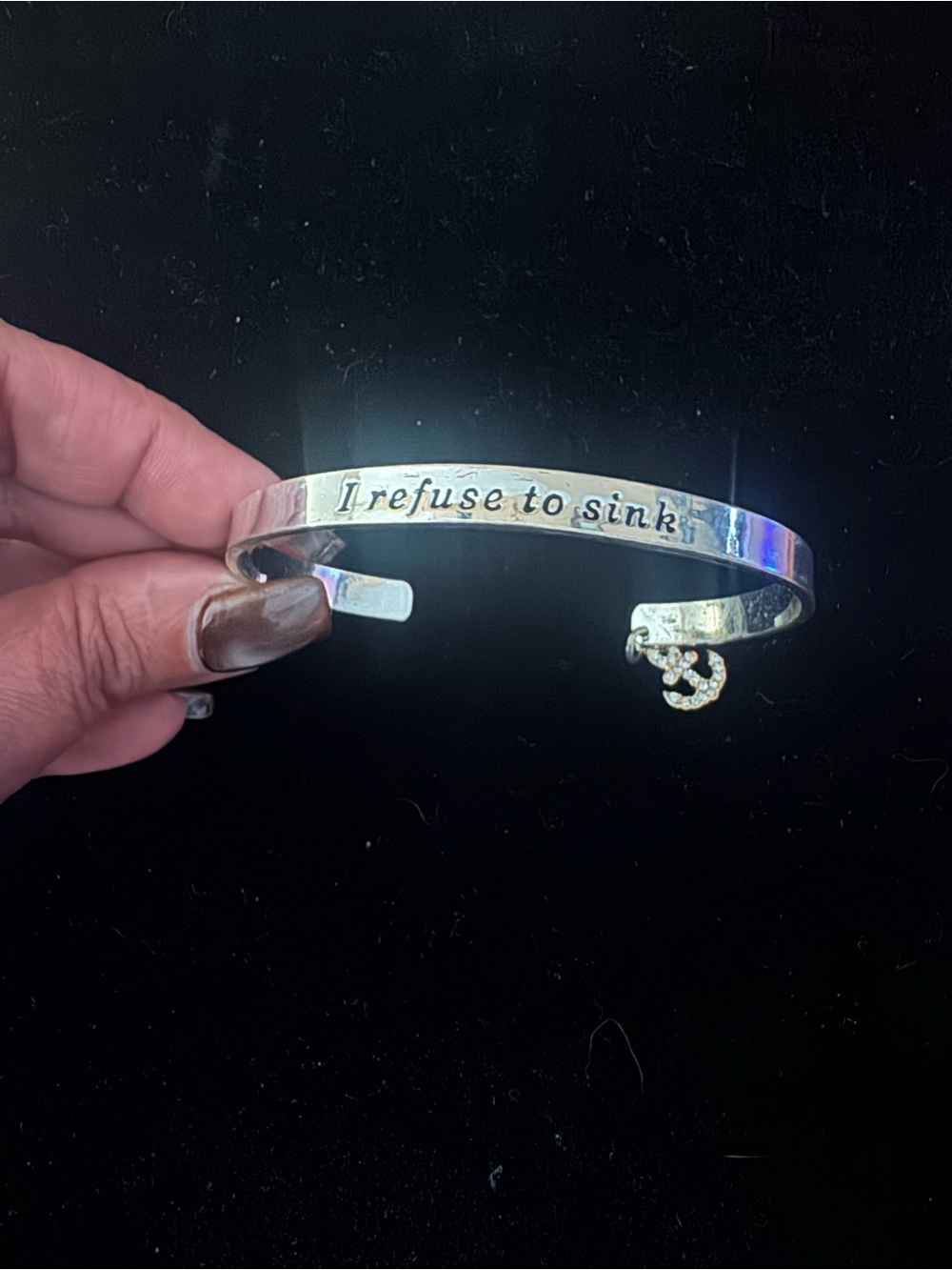 Silver tone Inspirational Cuff Bracelet - "I refuse to sink"